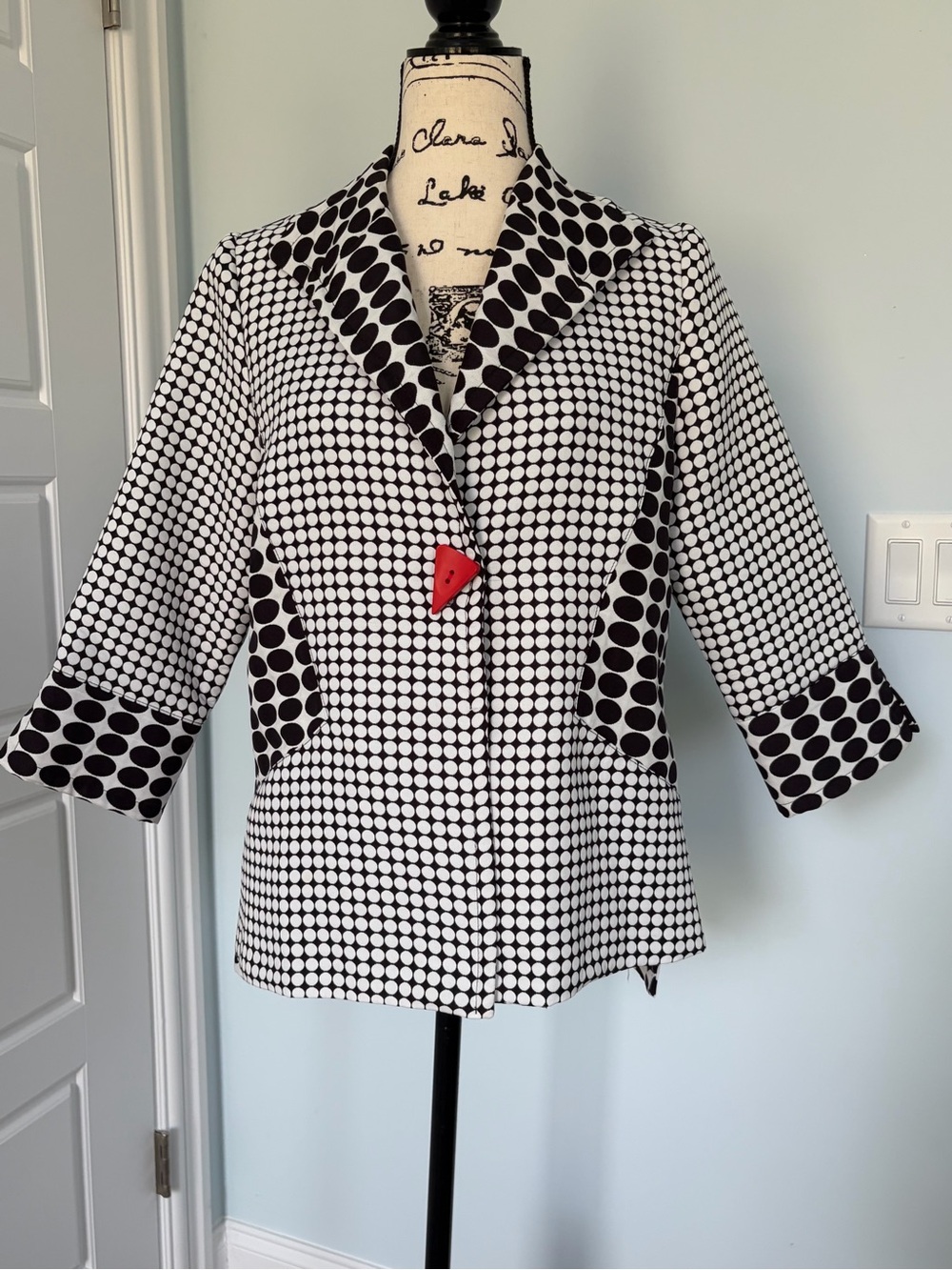 Black & White Polka Dot Women's Blazer with Red Accent Button